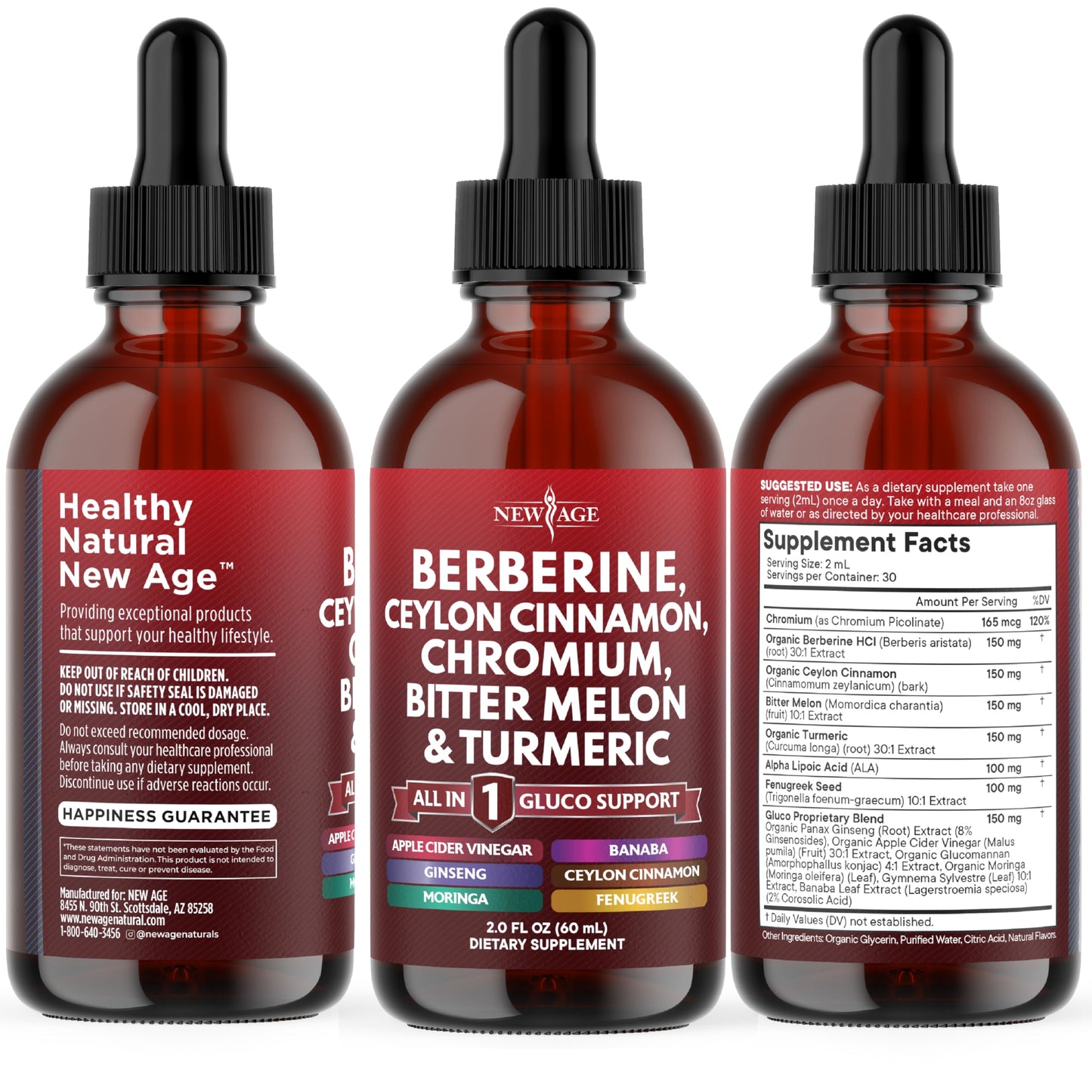 Berberine with Ceylon Cinnamon Supplement Liquid Drops + Bitter Melon Extract, Glucomannan, Gymnema, Chromium, Turmeric, Panax Ginseng, Moringa- 4 OZ