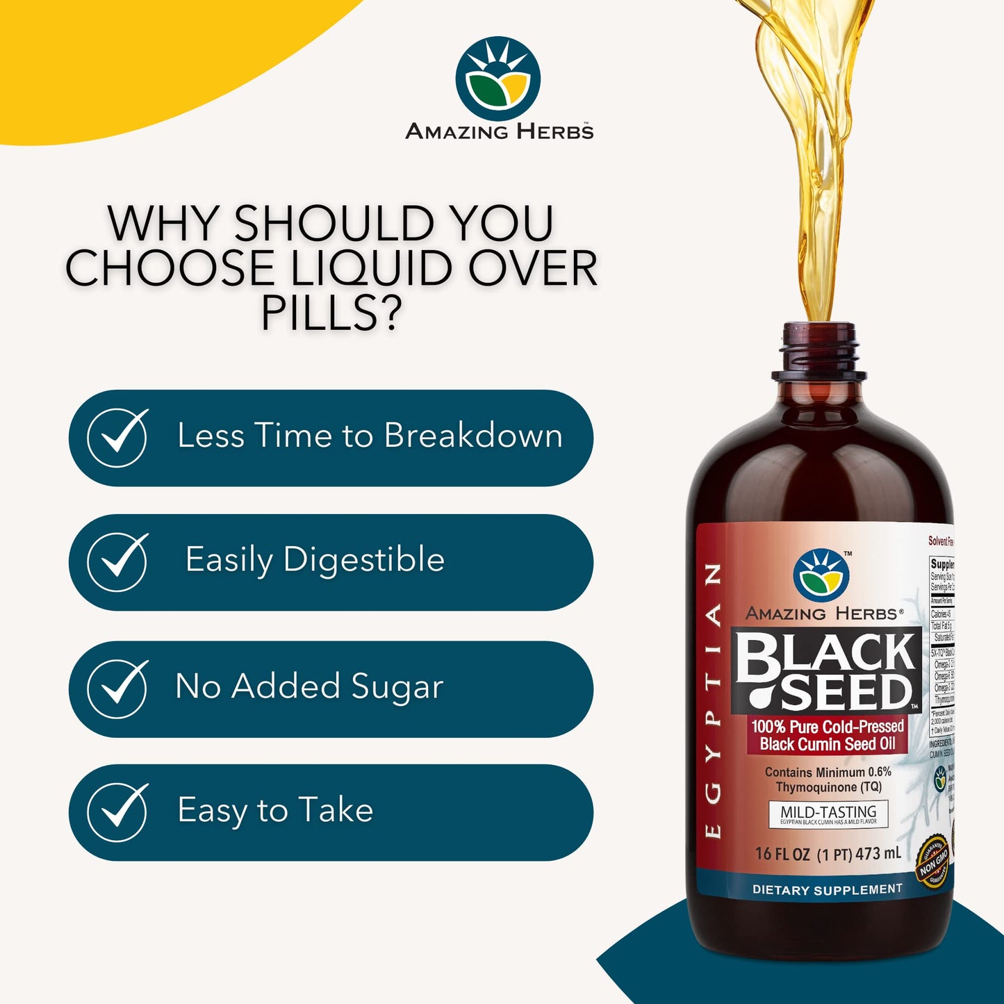 Amazing Herbs Premium Liquid Black Seed Oil - Cold Pressed with Nigella & Sativa, Aids in Digestive Health, Omegas 3 6 & 9, Immune Support, Brain Function, Non GMO, for Men and Women - 8 Fl Oz