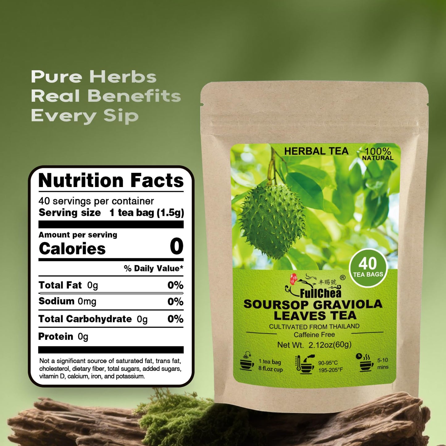 FullChea - Soursop Leaves Tea Bags, 40 Teabags - Premium Soursop Graviola Leaves - Hojas De Guanabana Tea - Non-GMO - Caffeine-free - Improve Digestion, Support Healthy Skin & Sleep