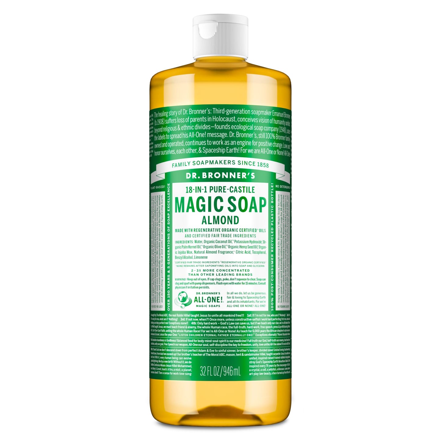 Dr. Bronner's Pure-Castile Magic Soap Liquid (Almond, 32 Ounce) - Made with Regenerative Organic Certified Oils, 18-in-1 Uses: Face, Body, Hair, Laundry, Pets and Dishes, Concentrated, Vegan, Non-GMO