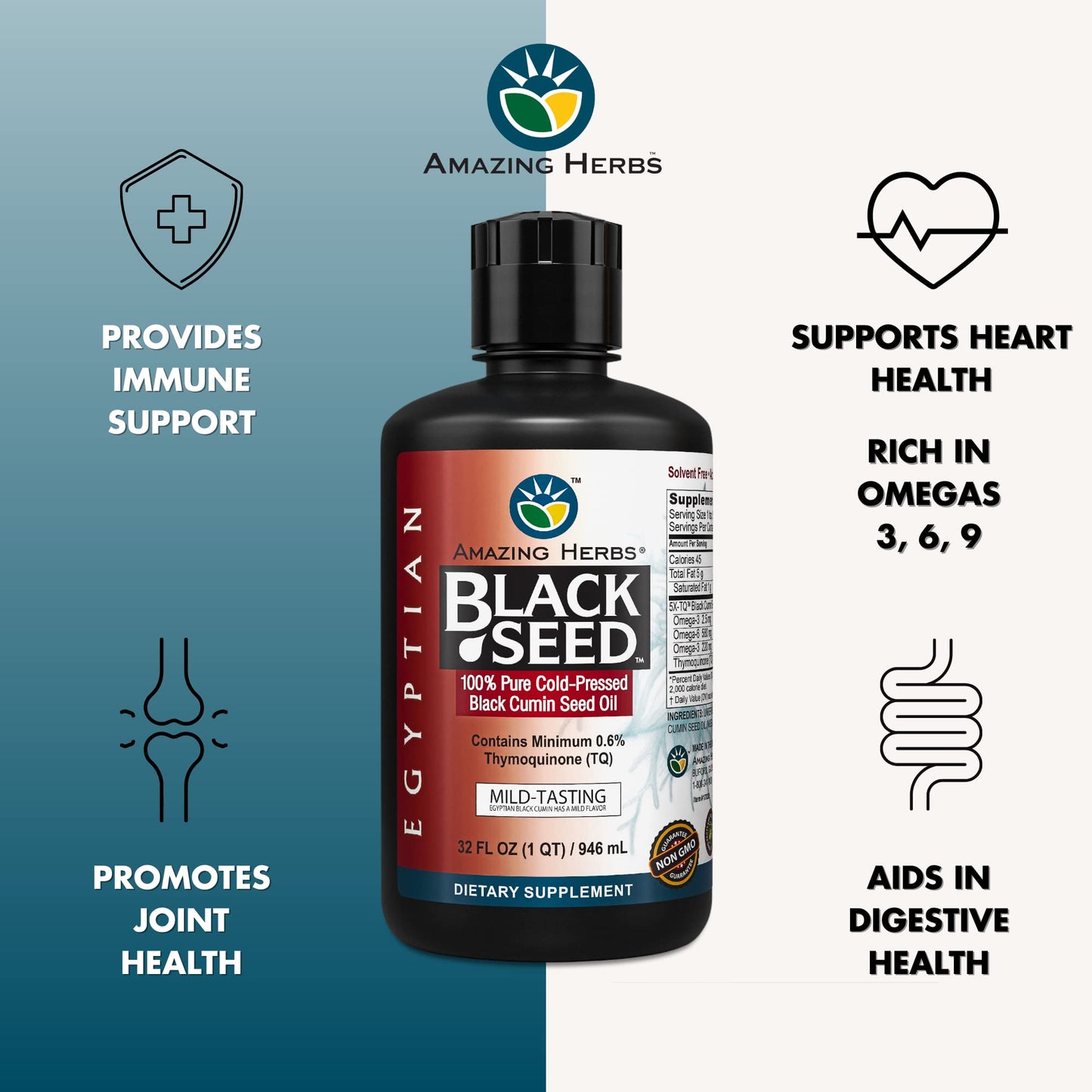Amazing Herbs Premium Liquid Black Seed Oil - Cold Pressed with Nigella & Sativa, Aids in Digestive Health, Omegas 3 6 & 9, Immune Support, Brain Function, Non GMO, for Men and Women - 8 Fl Oz