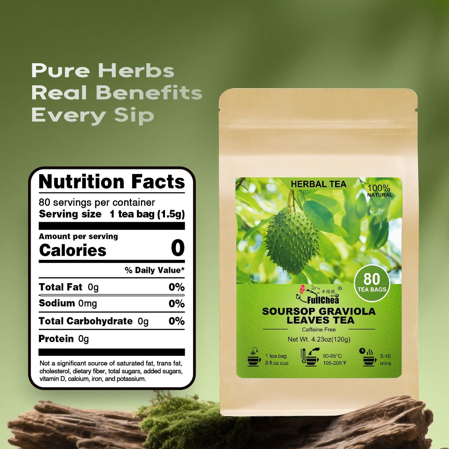 FullChea - Soursop Leaves Tea Bags, 40 Teabags - Premium Soursop Graviola Leaves - Hojas De Guanabana Tea - Non-GMO - Caffeine-free - Improve Digestion, Support Healthy Skin & Sleep