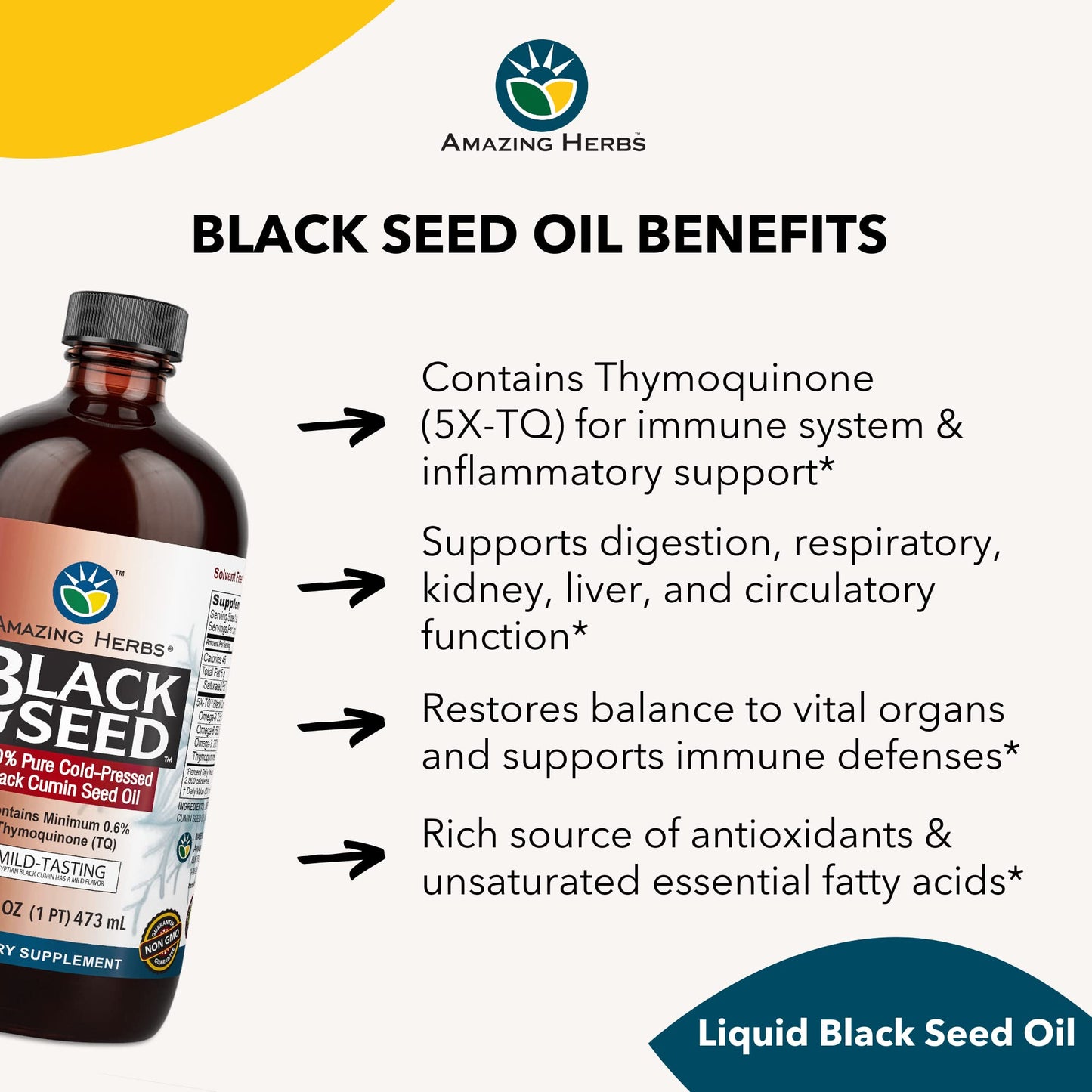 Amazing Herbs Premium Liquid Black Seed Oil - Cold Pressed with Nigella & Sativa, Aids in Digestive Health, Omegas 3 6 & 9, Immune Support, Brain Function, Non GMO, for Men and Women - 8 Fl Oz