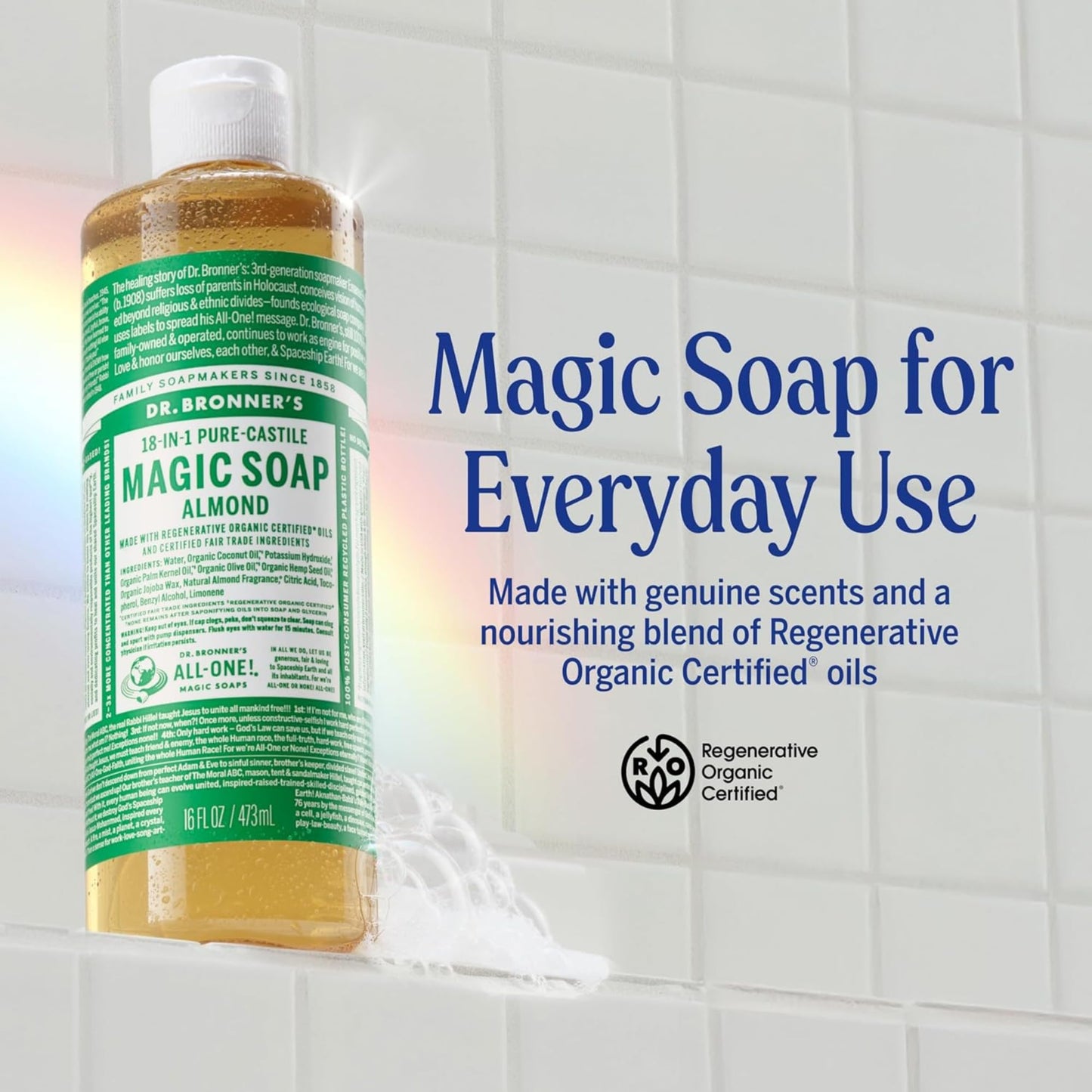 Dr. Bronner's Pure-Castile Magic Soap Liquid (Almond, 32 Ounce) - Made with Regenerative Organic Certified Oils, 18-in-1 Uses: Face, Body, Hair, Laundry, Pets and Dishes, Concentrated, Vegan, Non-GMO