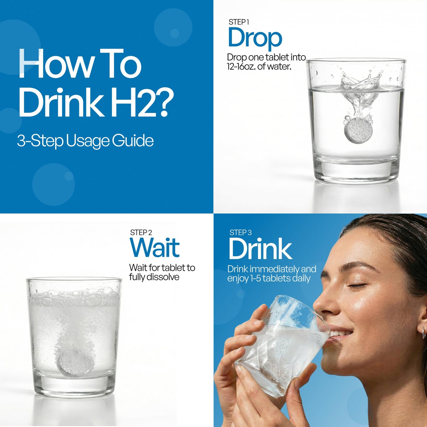 Hydrogen Water Tablets, Molecular Hydrogen Tablets for Drinking Water, Antioxidant-Rich, Supports Brain Energy & Health - Quick-Dissolving - Unflavored H2 Tabs - (30-Day Supply)