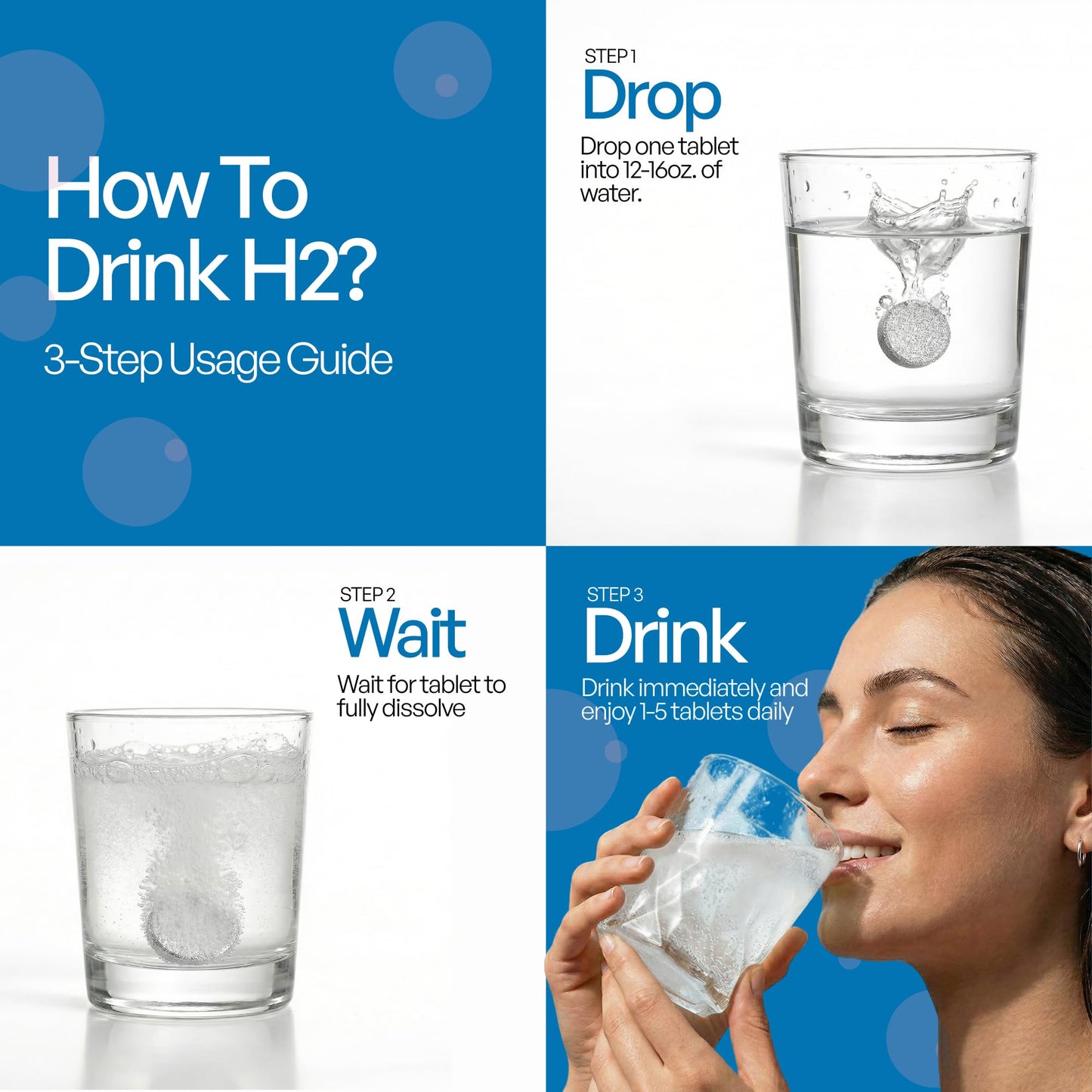 Hydrogen Water Tablets, Molecular Hydrogen Tablets for Drinking Water, Antioxidant-Rich, Supports Brain Energy & Health - Quick-Dissolving - Unflavored H2 Tabs - (30-Day Supply)