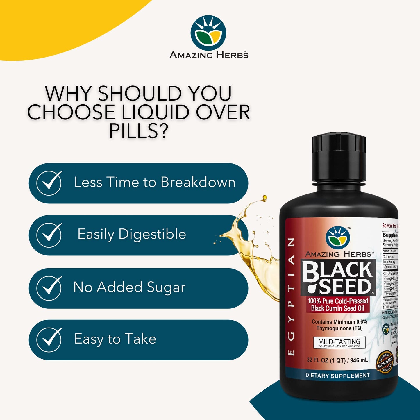 Amazing Herbs Premium Liquid Black Seed Oil - Cold Pressed with Nigella & Sativa, Aids in Digestive Health, Omegas 3 6 & 9, Immune Support, Brain Function, Non GMO, for Men and Women - 8 Fl Oz