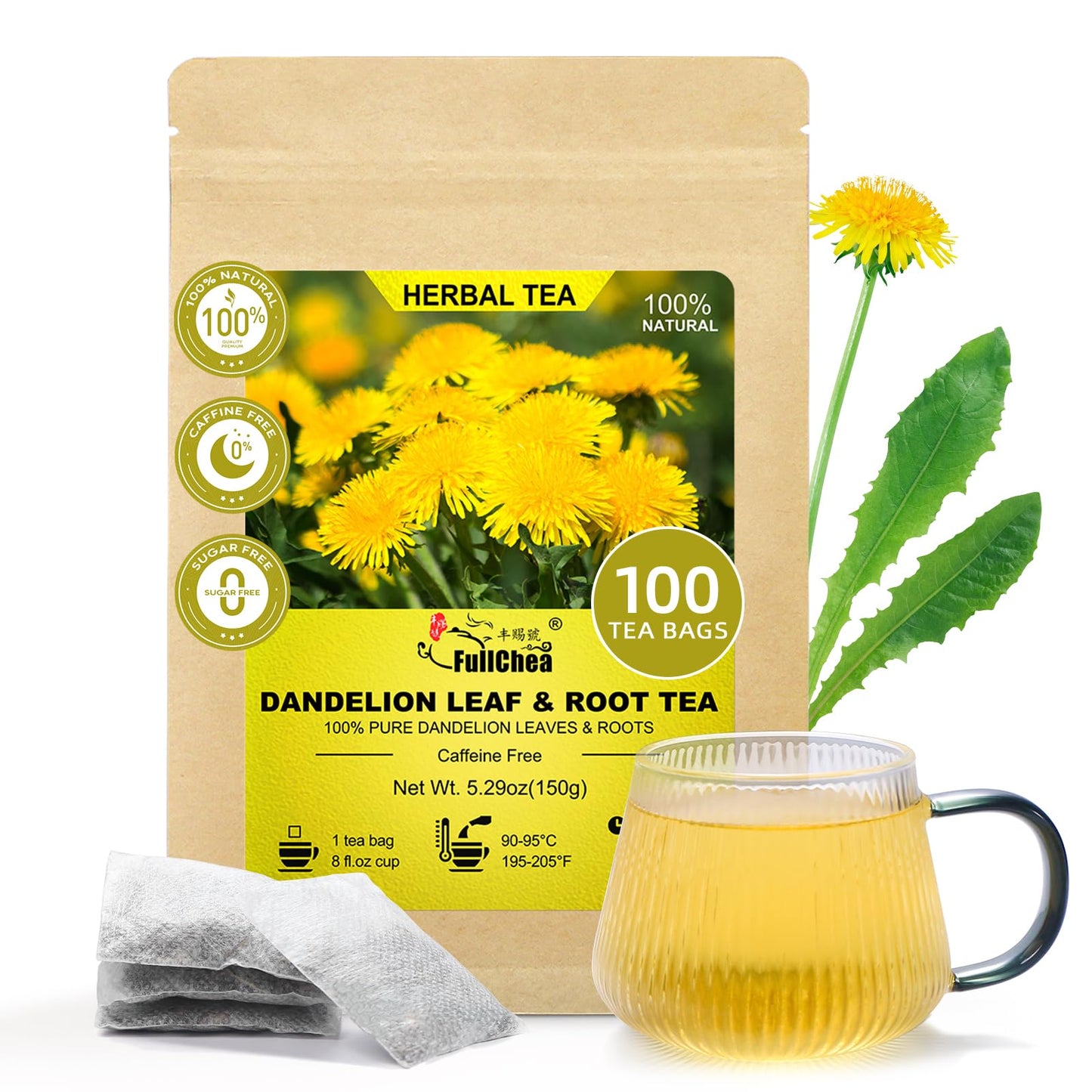 FullChea - Dandelion Leaf & Root Tea bags, 50 Teabags, 2g/bag - Natural Dandelion Herbal Tea for Liver & Kidney Health - Non-GMO - Caffeine-free - Support Digestion & Boost Immune System