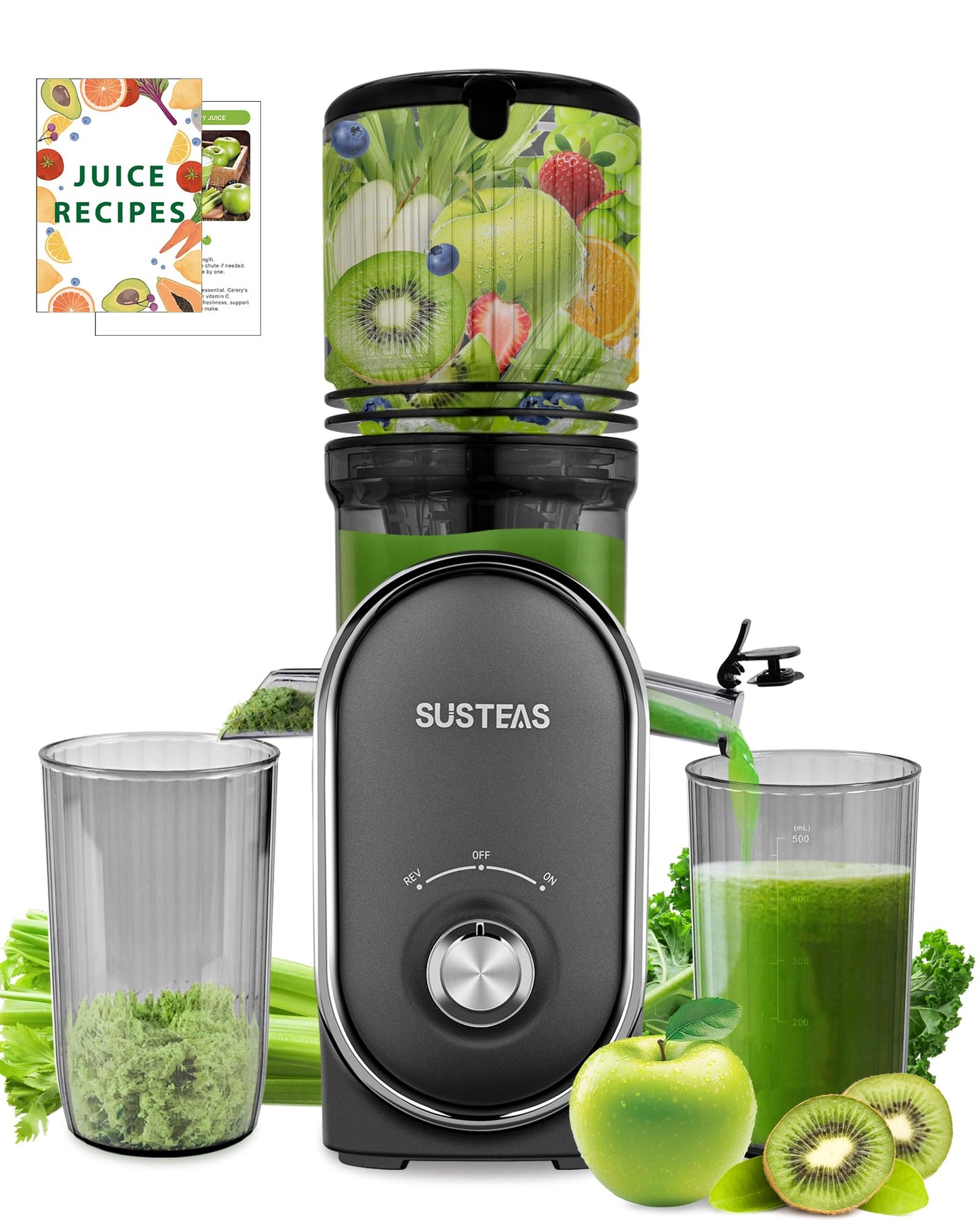 SUSTEAS Cold Press Juicer, 5.3" Feed Chute Slow Masticating Machines with 300W, Fit Whole Fruits & Vegetables, High Juice Yield, Easy to Clean, White