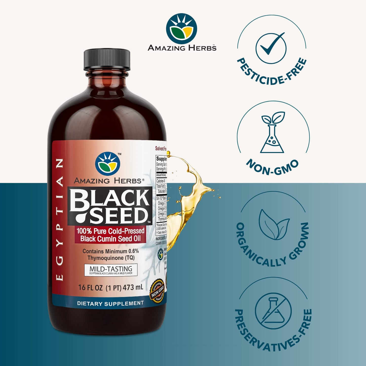Amazing Herbs Premium Liquid Black Seed Oil - Cold Pressed with Nigella & Sativa, Aids in Digestive Health, Omegas 3 6 & 9, Immune Support, Brain Function, Non GMO, for Men and Women - 8 Fl Oz