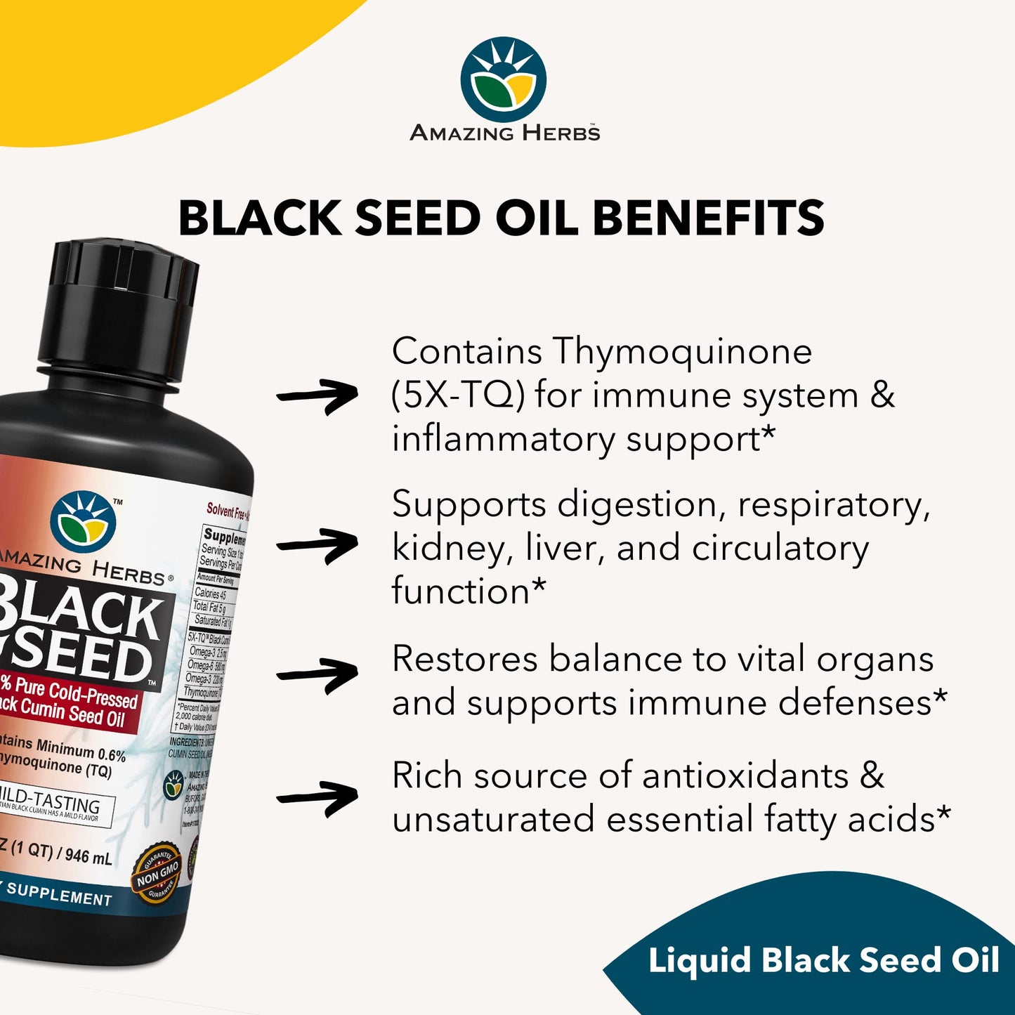 Amazing Herbs Premium Liquid Black Seed Oil - Cold Pressed with Nigella & Sativa, Aids in Digestive Health, Omegas 3 6 & 9, Immune Support, Brain Function, Non GMO, for Men and Women - 8 Fl Oz