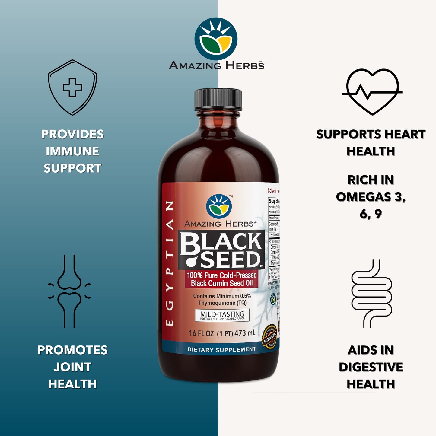 Amazing Herbs Premium Liquid Black Seed Oil - Cold Pressed with Nigella & Sativa, Aids in Digestive Health, Omegas 3 6 & 9, Immune Support, Brain Function, Non GMO, for Men and Women - 8 Fl Oz