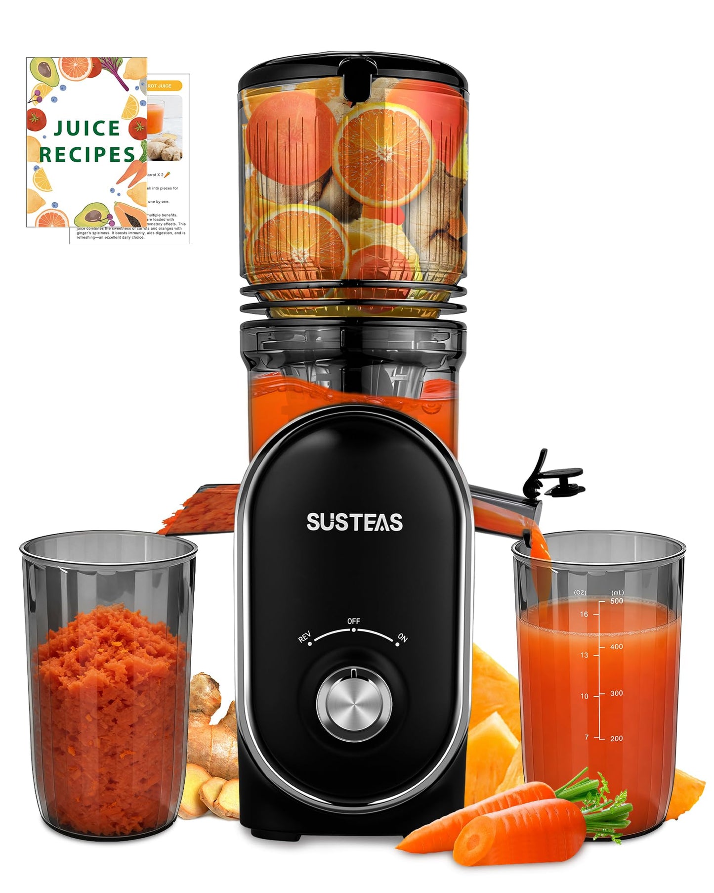 SUSTEAS Cold Press Juicer, 5.3" Feed Chute Slow Masticating Machines with 300W, Fit Whole Fruits & Vegetables, High Juice Yield, Easy to Clean, White