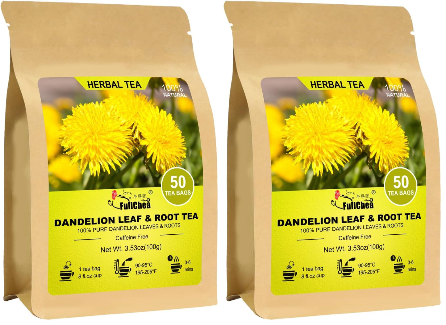 FullChea - Dandelion Leaf & Root Tea bags, 50 Teabags, 2g/bag - Natural Dandelion Herbal Tea for Liver & Kidney Health - Non-GMO - Caffeine-free - Support Digestion & Boost Immune System