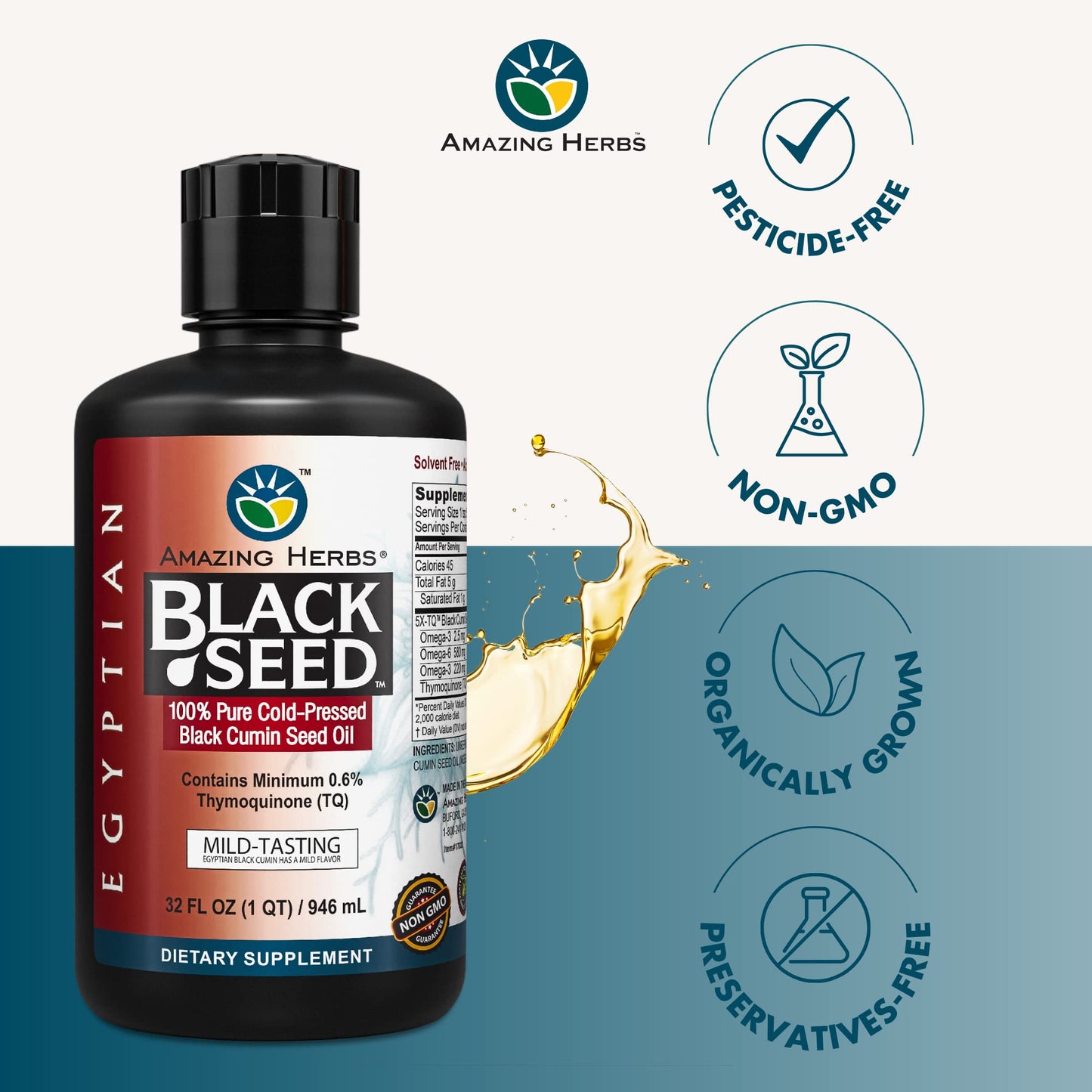 Amazing Herbs Premium Liquid Black Seed Oil - Cold Pressed with Nigella & Sativa, Aids in Digestive Health, Omegas 3 6 & 9, Immune Support, Brain Function, Non GMO, for Men and Women - 8 Fl Oz