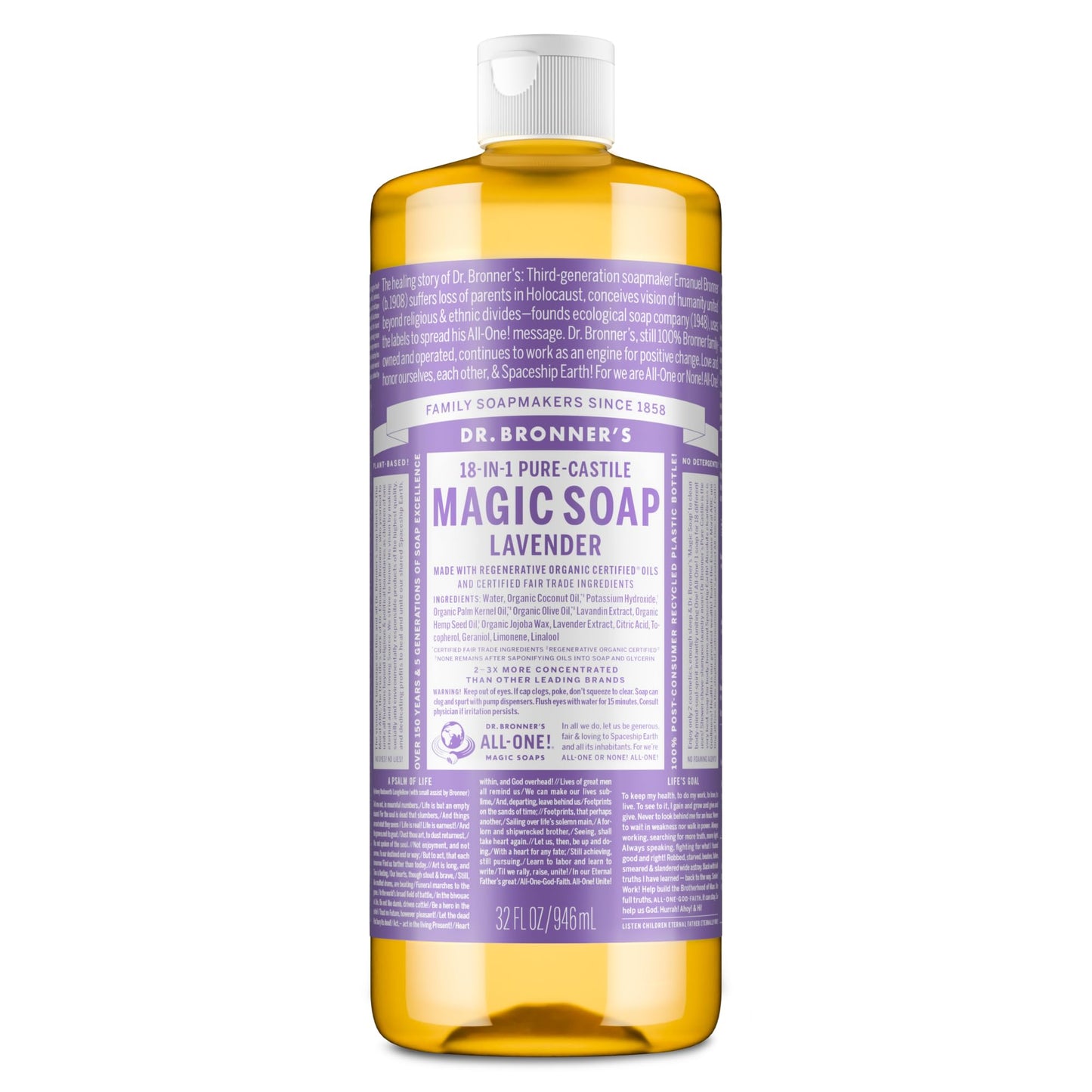 Dr. Bronner's Pure-Castile Magic Soap Liquid (Almond, 32 Ounce) - Made with Regenerative Organic Certified Oils, 18-in-1 Uses: Face, Body, Hair, Laundry, Pets and Dishes, Concentrated, Vegan, Non-GMO
