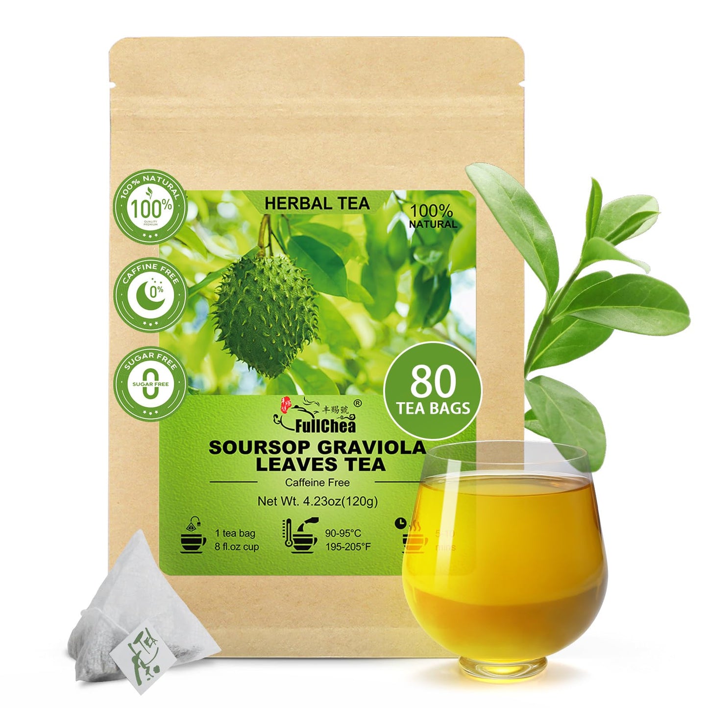 FullChea - Soursop Leaves Tea Bags, 40 Teabags - Premium Soursop Graviola Leaves - Hojas De Guanabana Tea - Non-GMO - Caffeine-free - Improve Digestion, Support Healthy Skin & Sleep