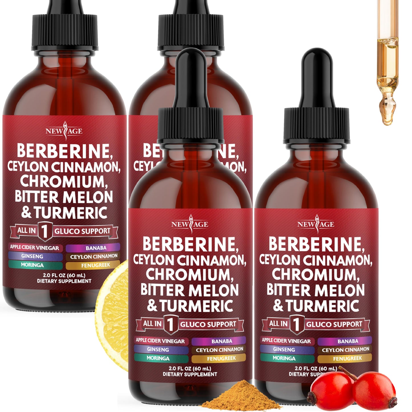 Berberine with Ceylon Cinnamon Supplement Liquid Drops + Bitter Melon Extract, Glucomannan, Gymnema, Chromium, Turmeric, Panax Ginseng, Moringa- 4 OZ