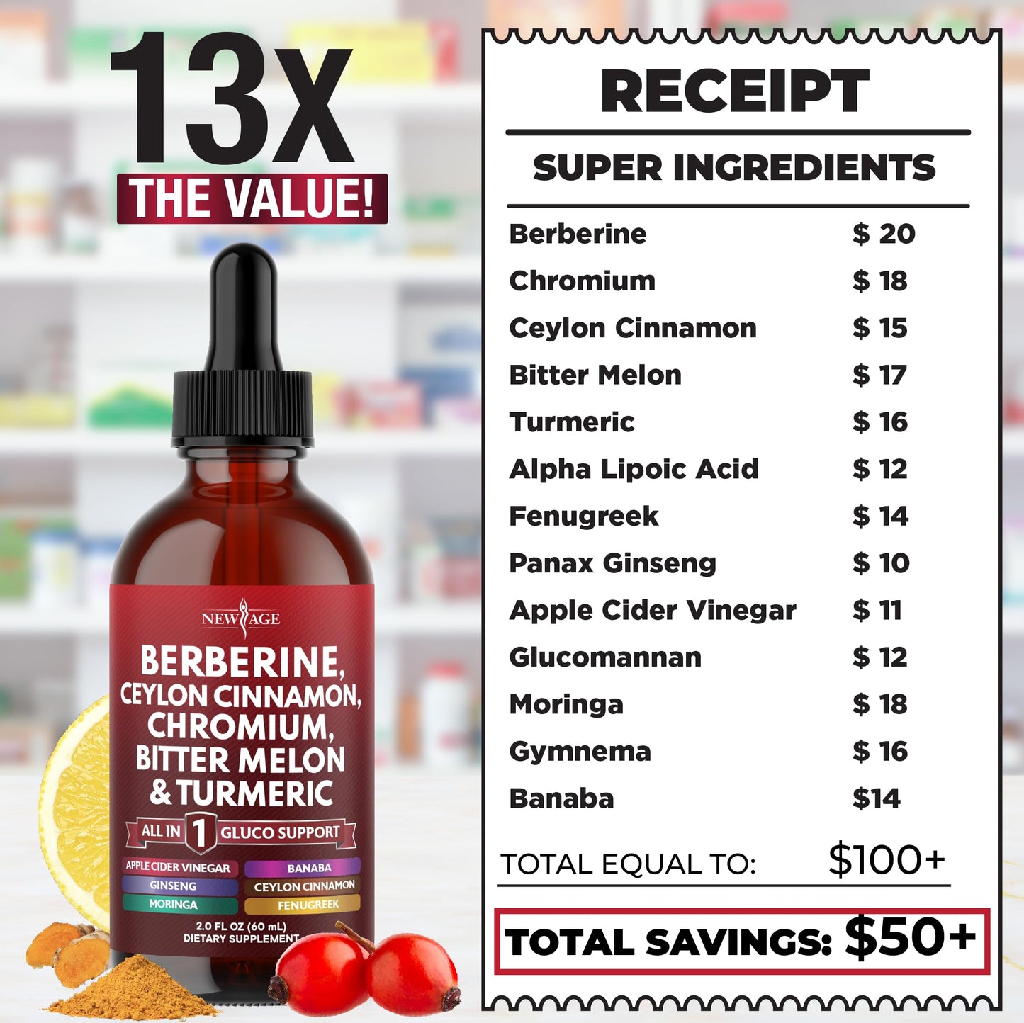 Berberine with Ceylon Cinnamon Supplement Liquid Drops + Bitter Melon Extract, Glucomannan, Gymnema, Chromium, Turmeric, Panax Ginseng, Moringa- 4 OZ