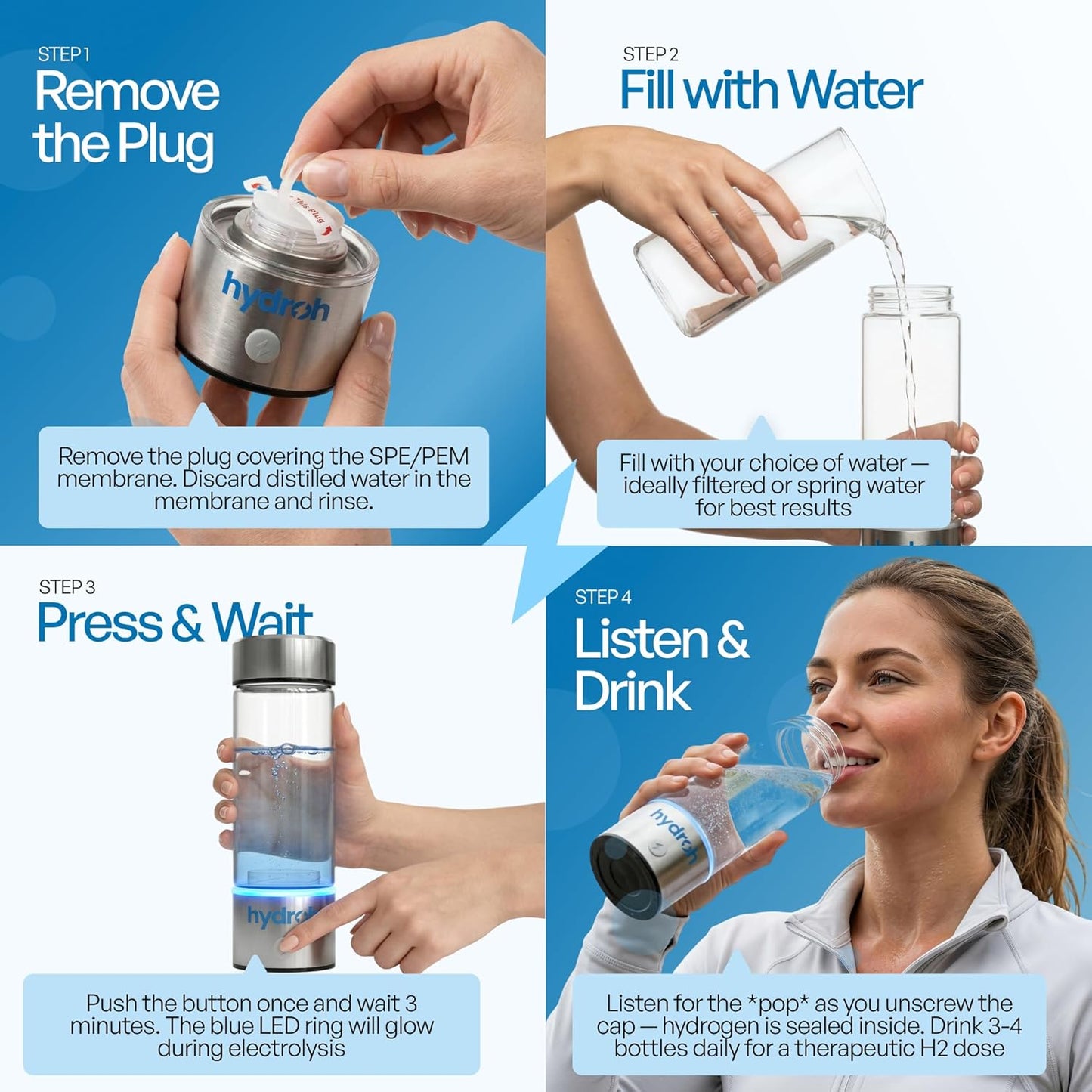 Hydroh Original Hydrogen Water Bottle 15oz, Portable Hydrogen Water Bottle 2024, Advanced Hydrogen Rich Water Maker with SPE/PEM for Home Office Fitness Travel Drinking