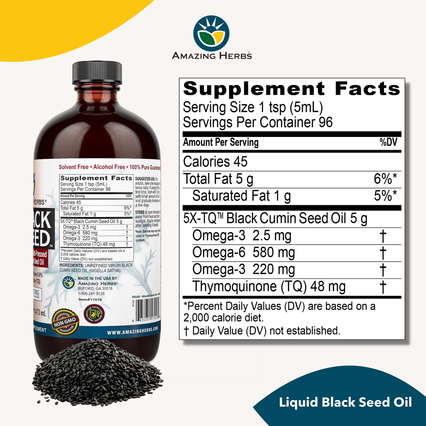 Amazing Herbs Premium Liquid Black Seed Oil - Cold Pressed with Nigella & Sativa, Aids in Digestive Health, Omegas 3 6 & 9, Immune Support, Brain Function, Non GMO, for Men and Women - 8 Fl Oz