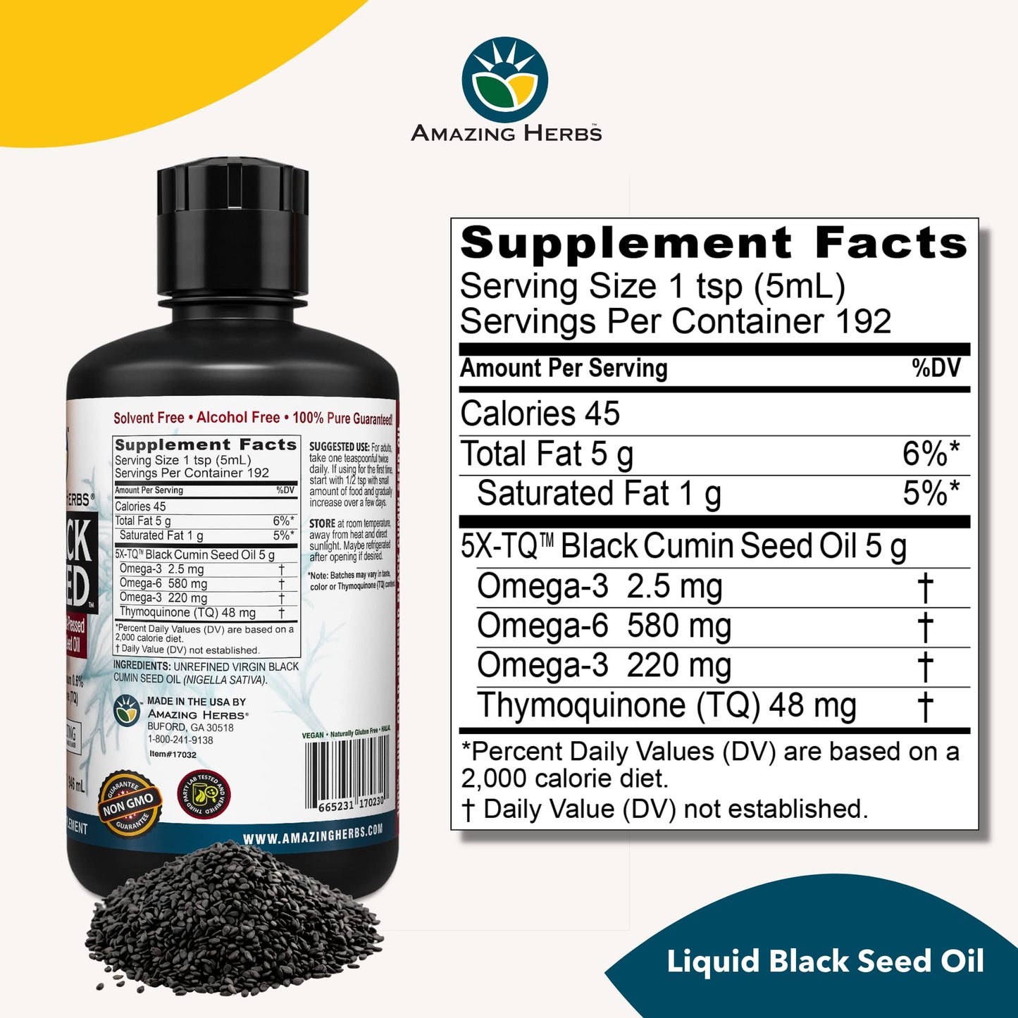 Amazing Herbs Premium Liquid Black Seed Oil - Cold Pressed with Nigella & Sativa, Aids in Digestive Health, Omegas 3 6 & 9, Immune Support, Brain Function, Non GMO, for Men and Women - 8 Fl Oz