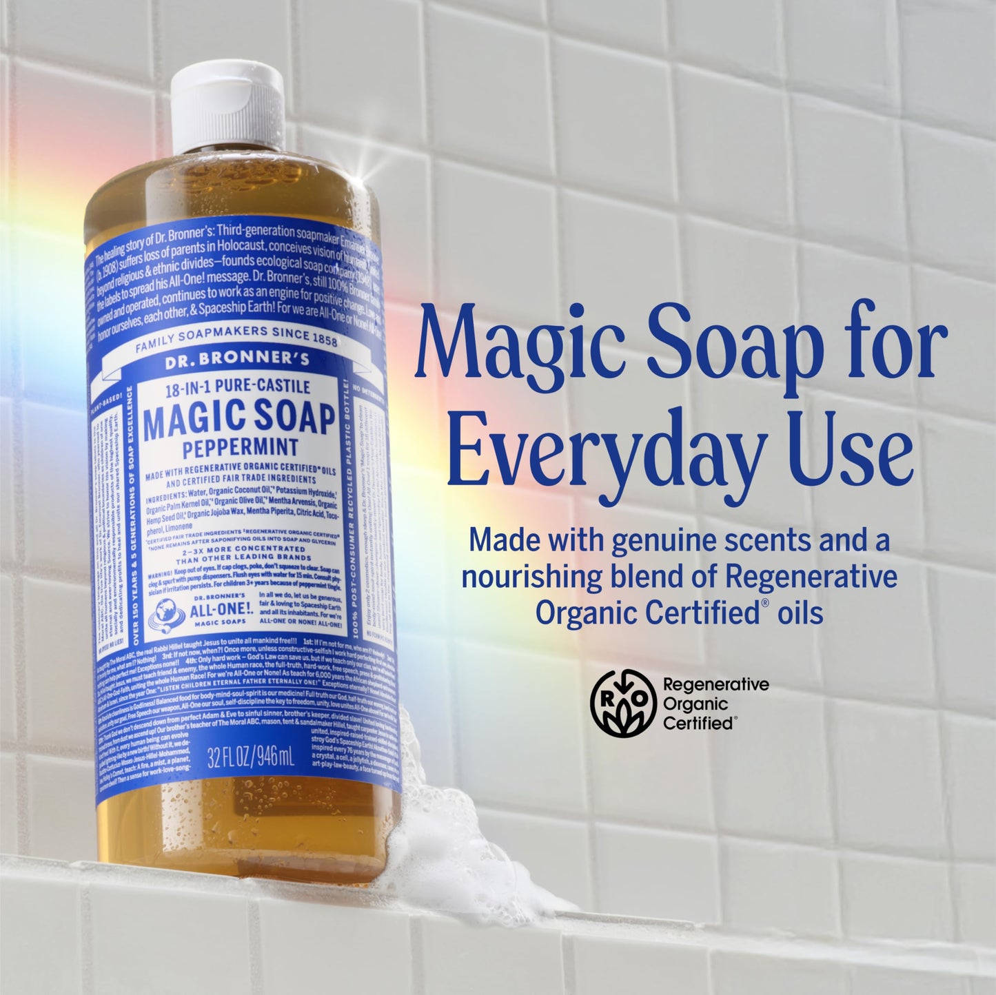 Dr. Bronner's Pure-Castile Magic Soap Liquid (Almond, 32 Ounce) - Made with Regenerative Organic Certified Oils, 18-in-1 Uses: Face, Body, Hair, Laundry, Pets and Dishes, Concentrated, Vegan, Non-GMO