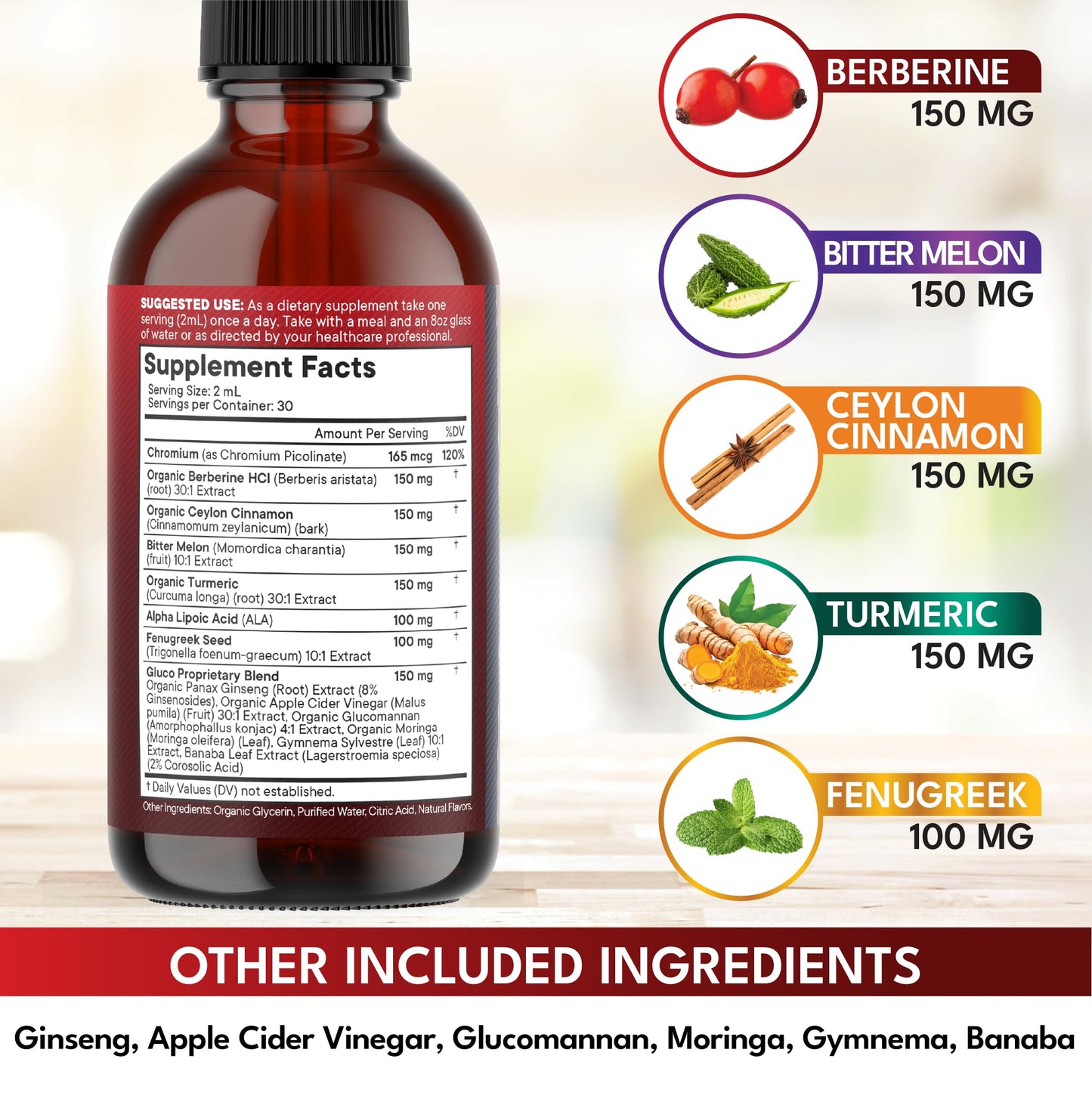 Berberine with Ceylon Cinnamon Supplement Liquid Drops + Bitter Melon Extract, Glucomannan, Gymnema, Chromium, Turmeric, Panax Ginseng, Moringa- 4 OZ