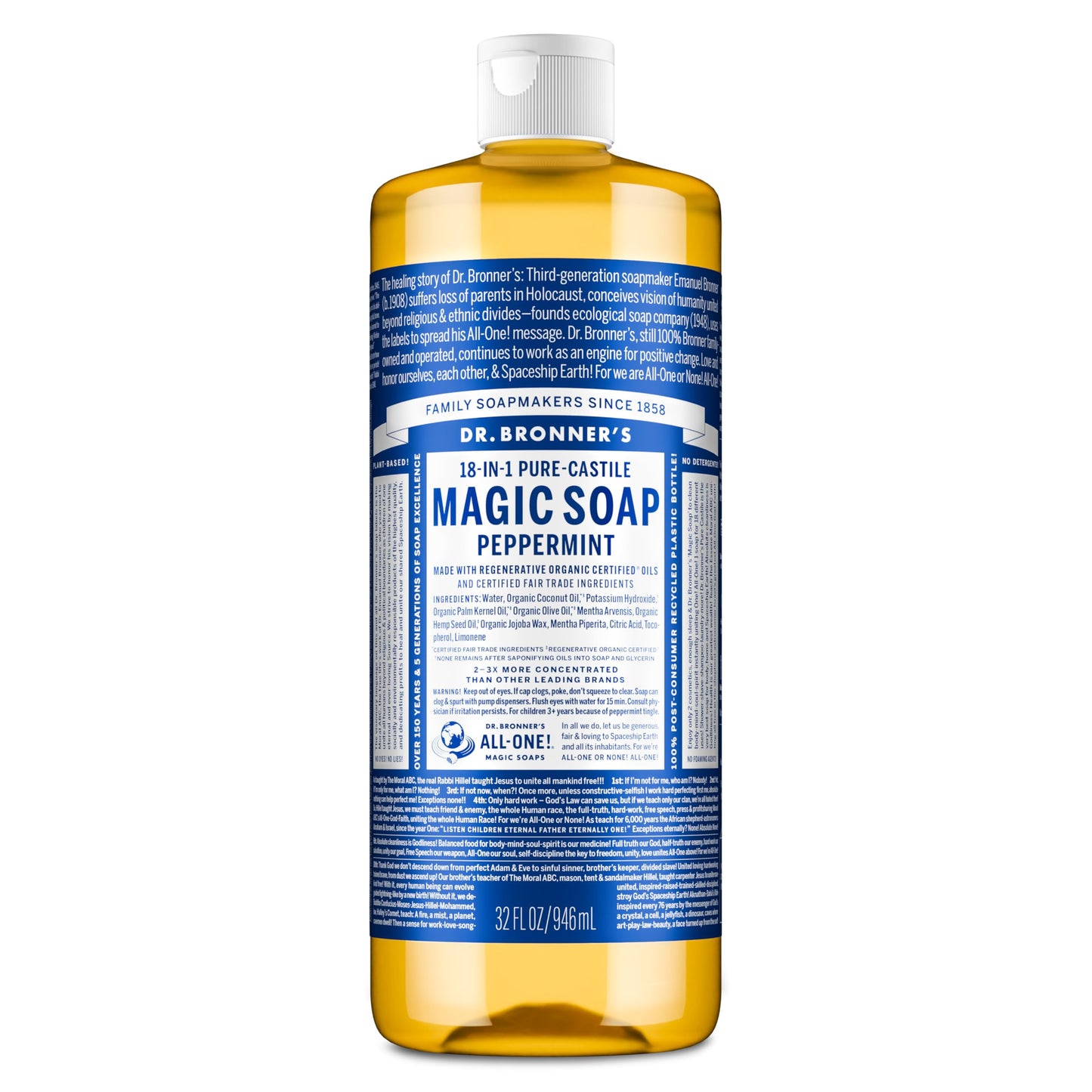 Dr. Bronner's Pure-Castile Magic Soap Liquid (Almond, 32 Ounce) - Made with Regenerative Organic Certified Oils, 18-in-1 Uses: Face, Body, Hair, Laundry, Pets and Dishes, Concentrated, Vegan, Non-GMO
