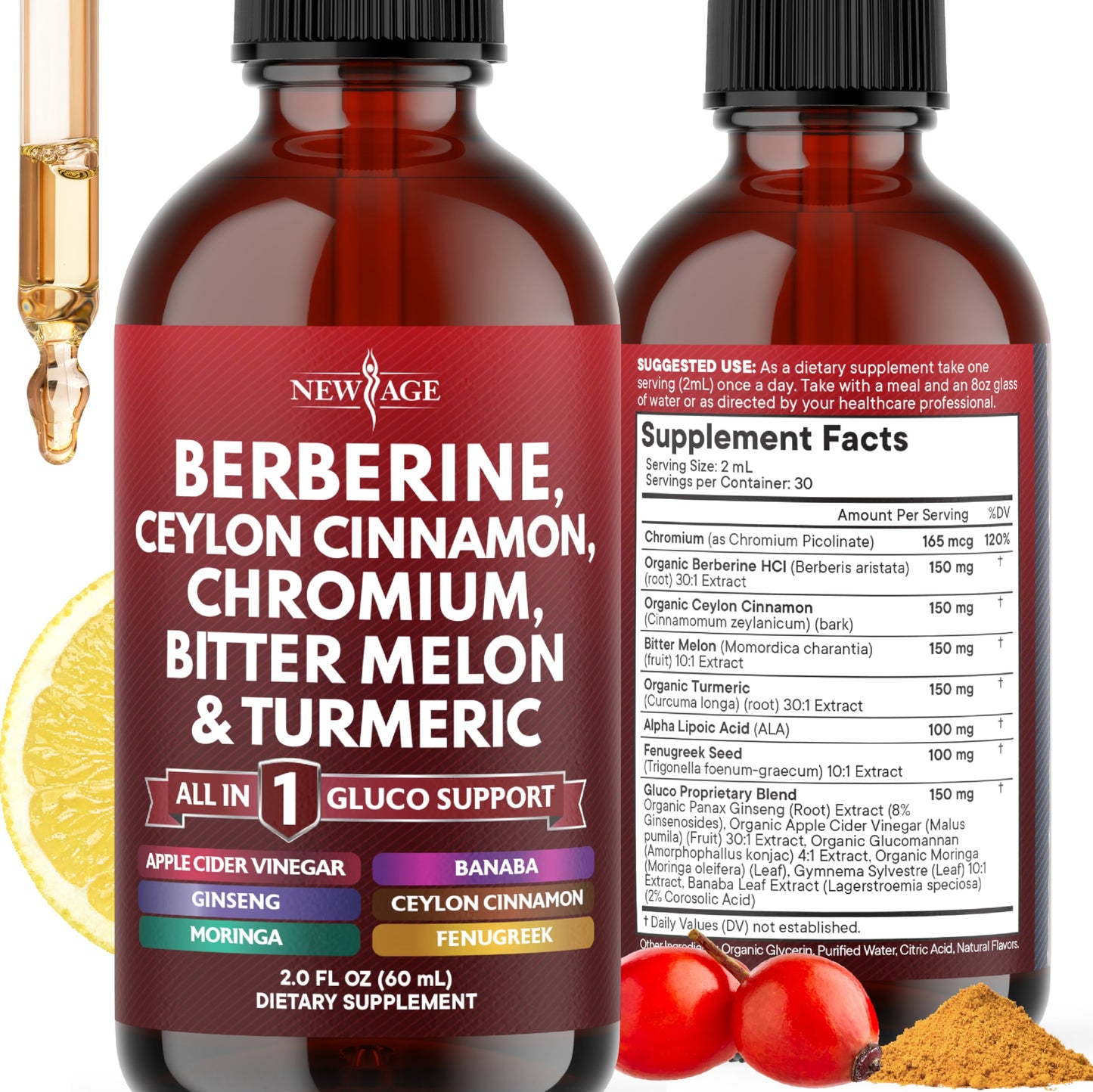 Berberine with Ceylon Cinnamon Supplement Liquid Drops + Bitter Melon Extract, Glucomannan, Gymnema, Chromium, Turmeric, Panax Ginseng, Moringa- 4 OZ