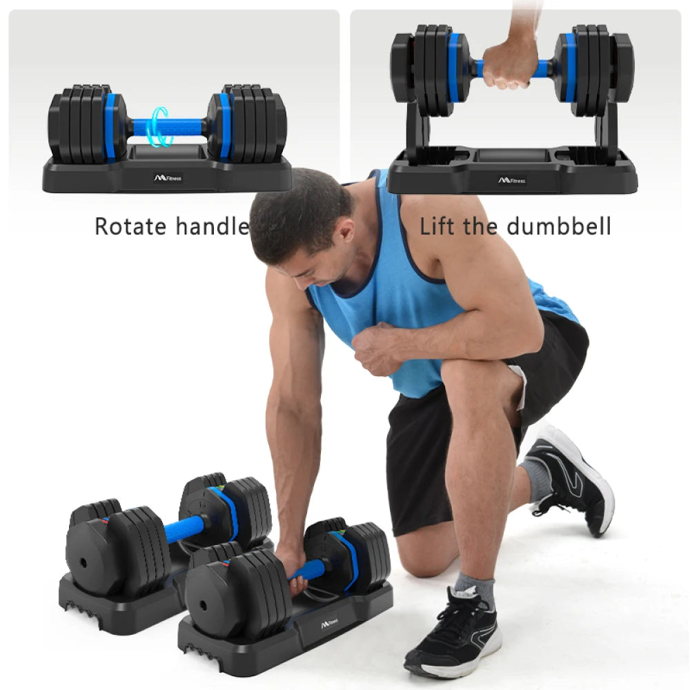 Adjustable Dumbbell - 55lb X2 Set of 2 Anti-Slip Handle Fast Adjust Weight By Turning Handle Tray Exercise Fitness Dumbbell